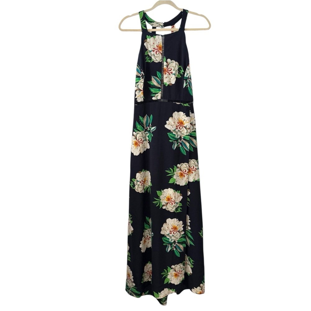 Zesica XL Navy Blue Floral Maxi Dress Open Back Cut Out Tie Waist Sleeveless